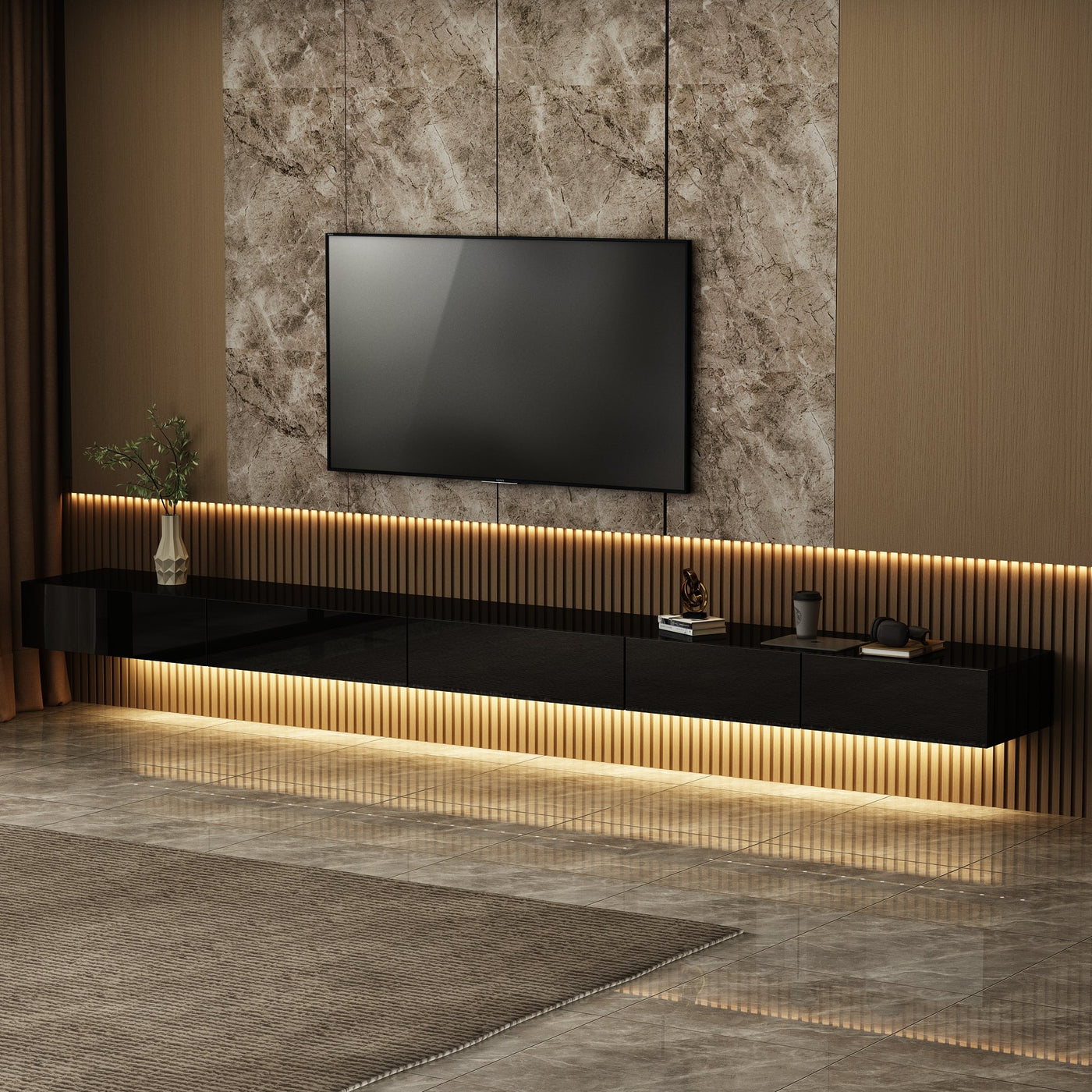 240 cm Modern Minimalist Black TV Stand Wall-Mounted And Freely Arranged TV Stand With LED