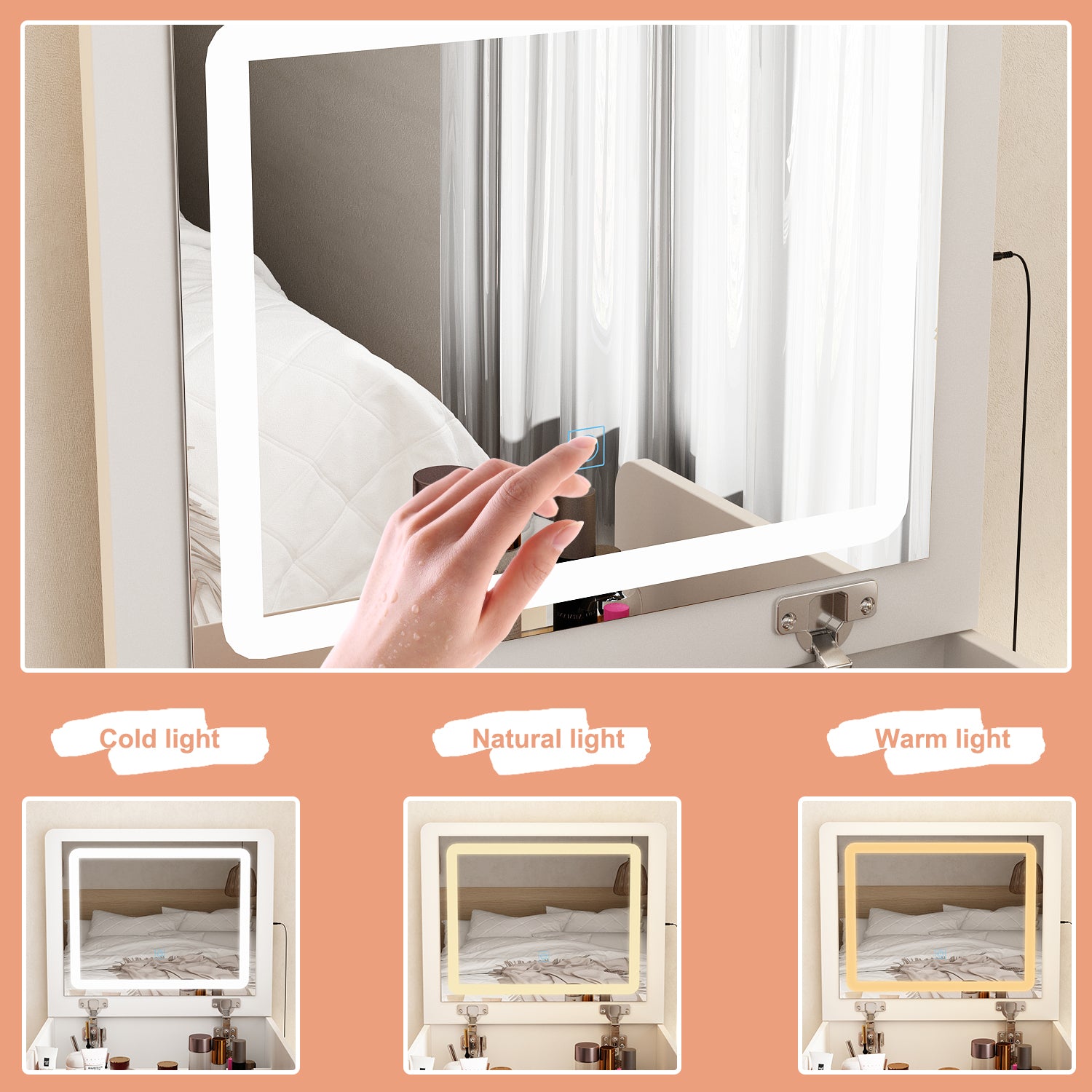 Coiffeuse moderne blanche de 47,5 cm avec lumières et miroir rabattable