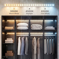 Modern wardrobe with clothes and shelves in a well-lit room