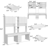 240 cm Modern White Desk with Hinged Doors and Pull-out Drawers