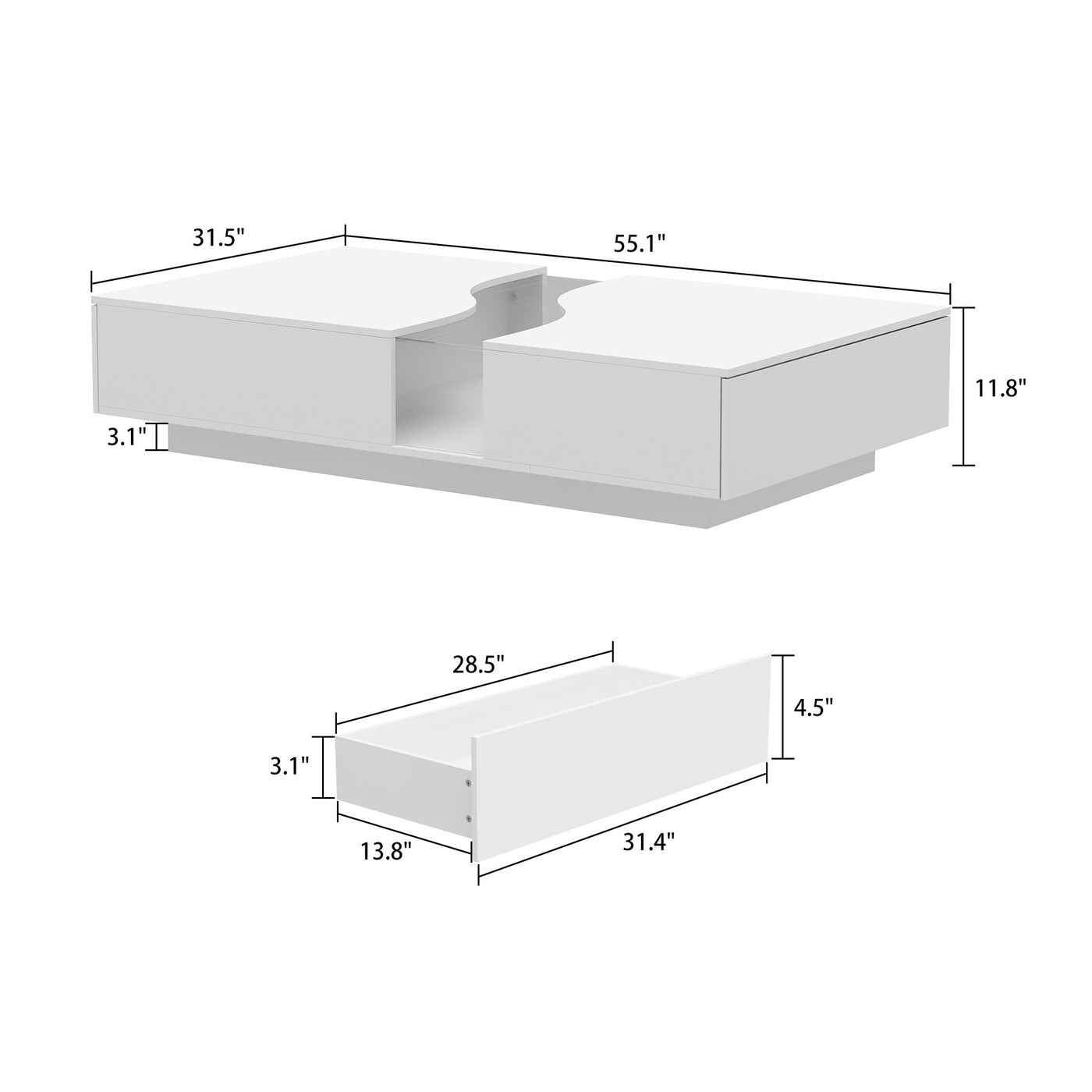140 cm Modern Minimalist White Coffee Table With Light And Glass Finish In The Middle