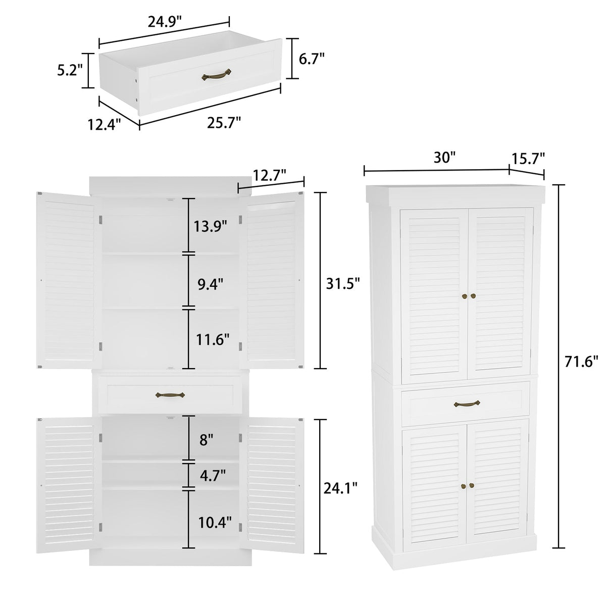 76.2 cm Modern Minimalist White Tall Storage Cabinet with 6-Tier Adjustable Shelves, Drawers and Shutter Door