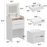 Coiffeuse moderne blanche de 47,5 cm avec lumières et miroir rabattable