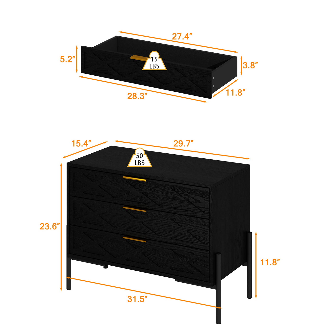 80 cm Modern Black 3-Drawer Nightstand with Metal Legs