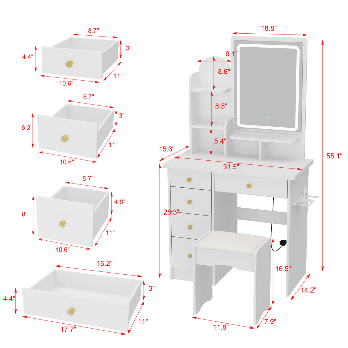 Coiffeuse moderne blanche élégante de 80 cm avec prise, miroir LED et tabouret