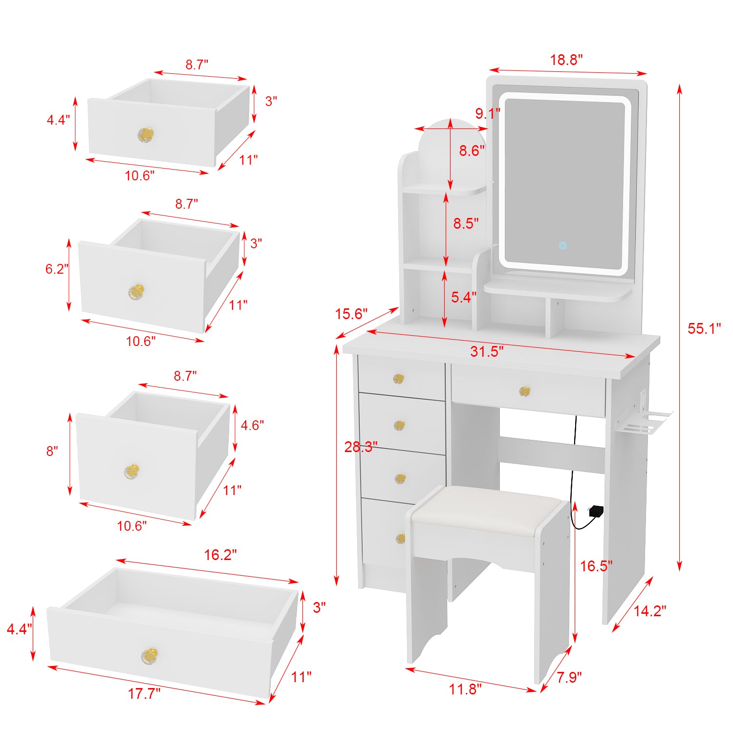 80 cm Modern White Glam Makeup Vanity Set with Socket, LED Light and Stool