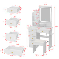 Coiffeuse moderne blanche élégante de 80 cm avec prise, miroir LED et tabouret