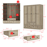 160 cm Rustic 4-Door Wardrobe Armoire with Rattan Paneling, 6 Drawers & 2 Hanging Rods