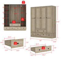 Armoire rustique à 4 portes de 160 cm avec panneaux en rotin, 6 tiroirs et 2 tringles de suspension