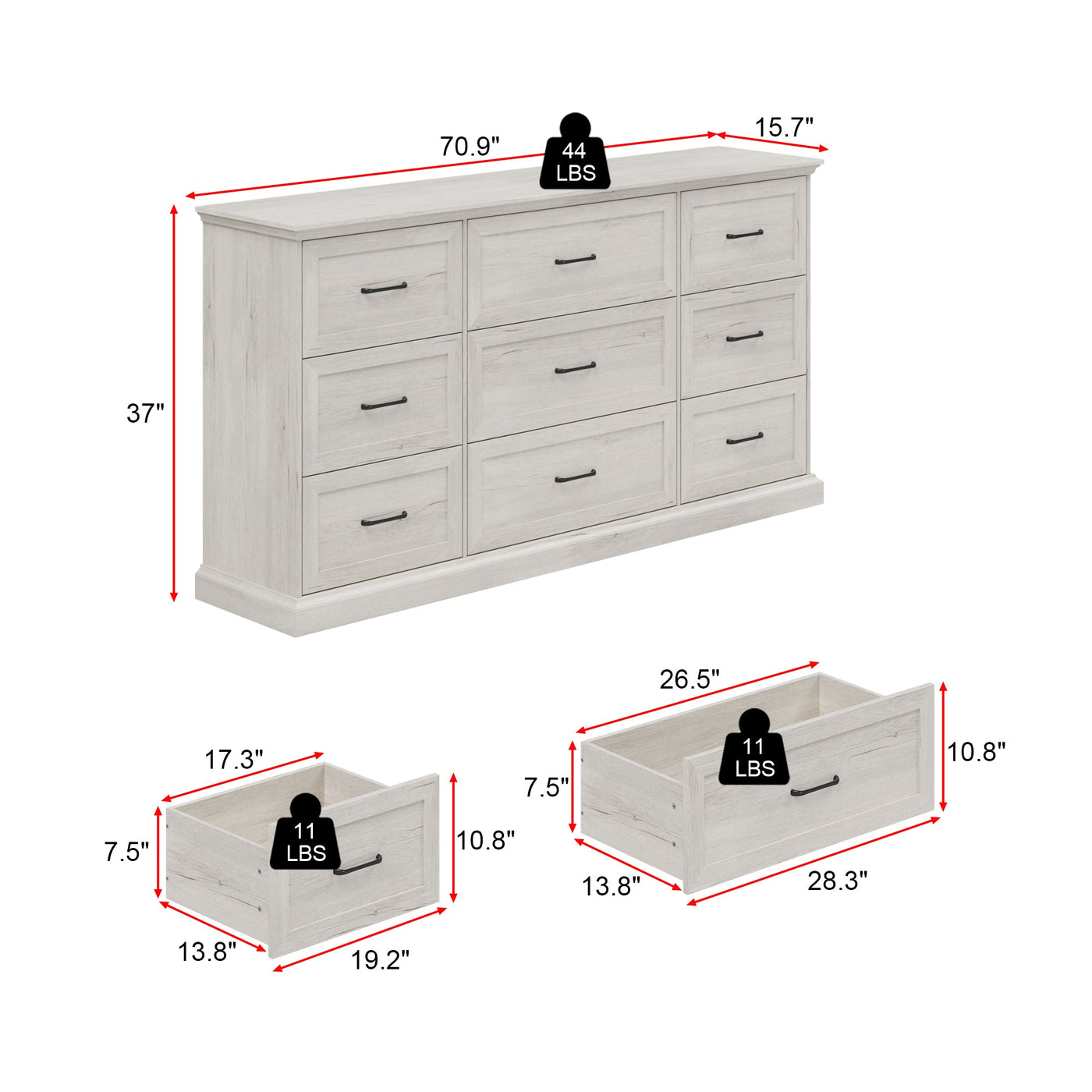 180 cm Modern White/Gray Dresser with 9 Drawers