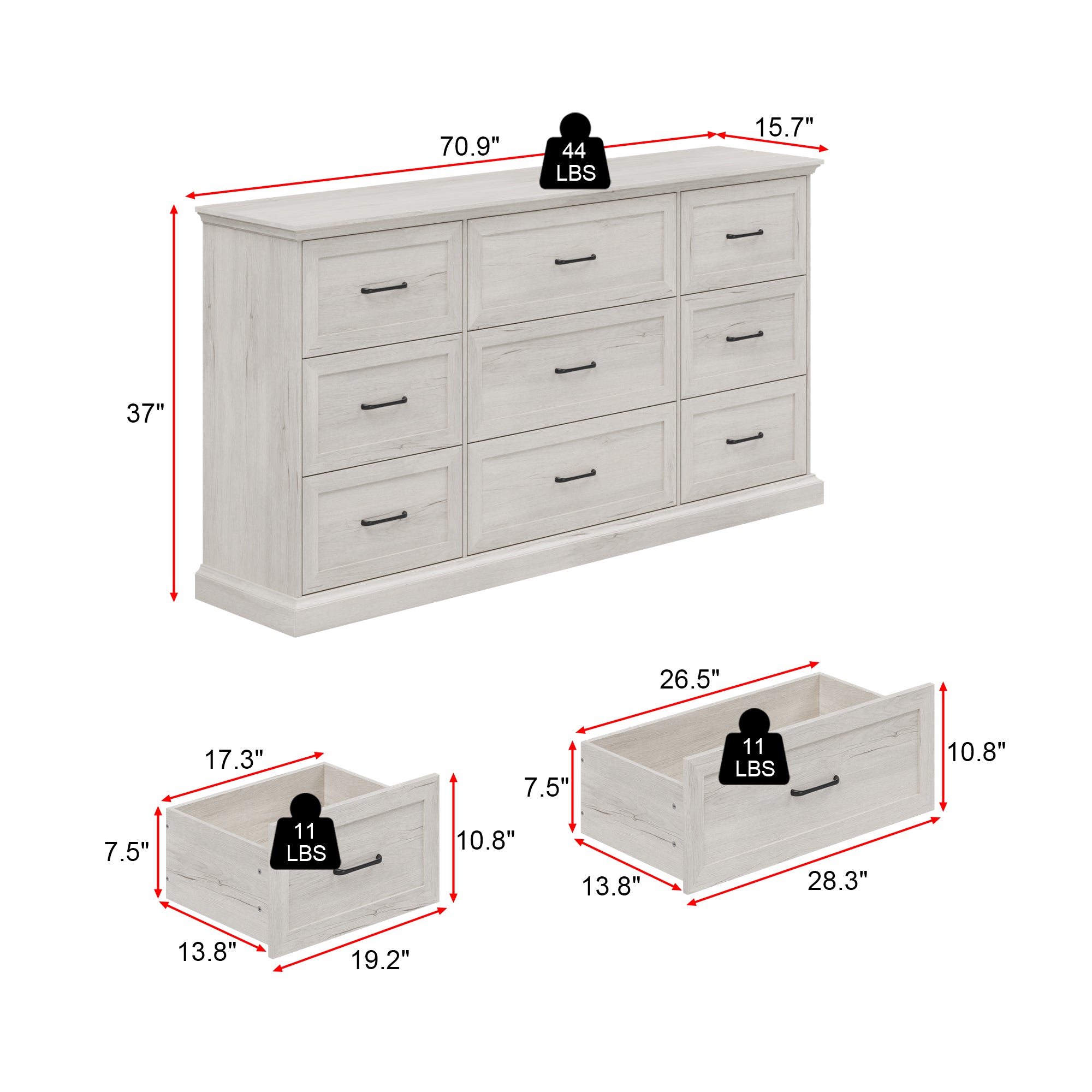 Commode moderne blanche/grise de 180 cm avec 9 tiroirs
