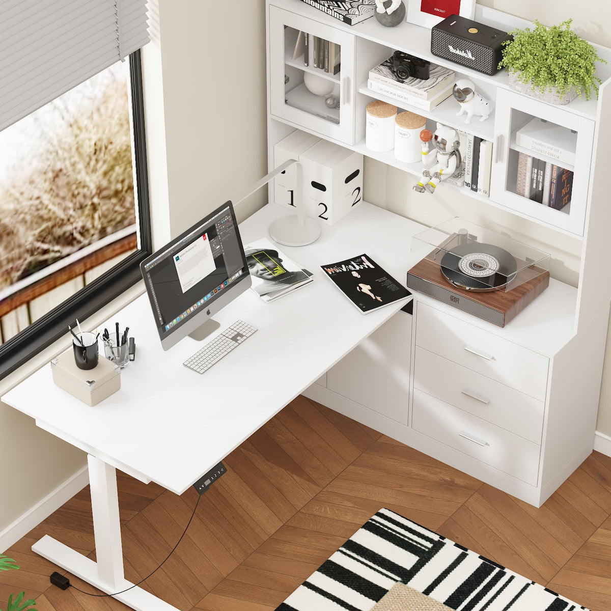 Bureau d'ordinateur élévateur blanc moderne de 174 cm avec bibliothèque